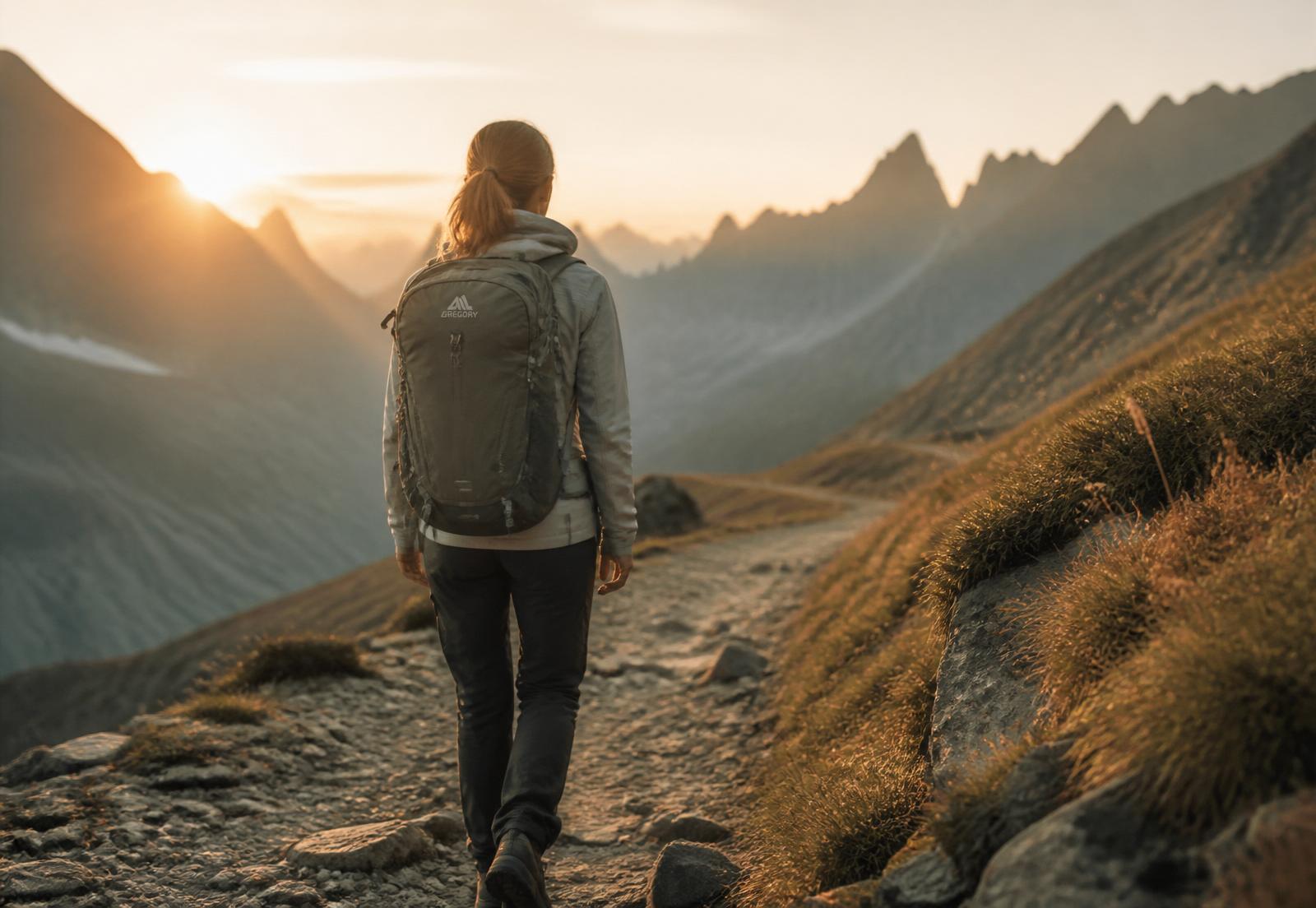 Femme marchant sur un sentier de montagne, de dos, sac à dos