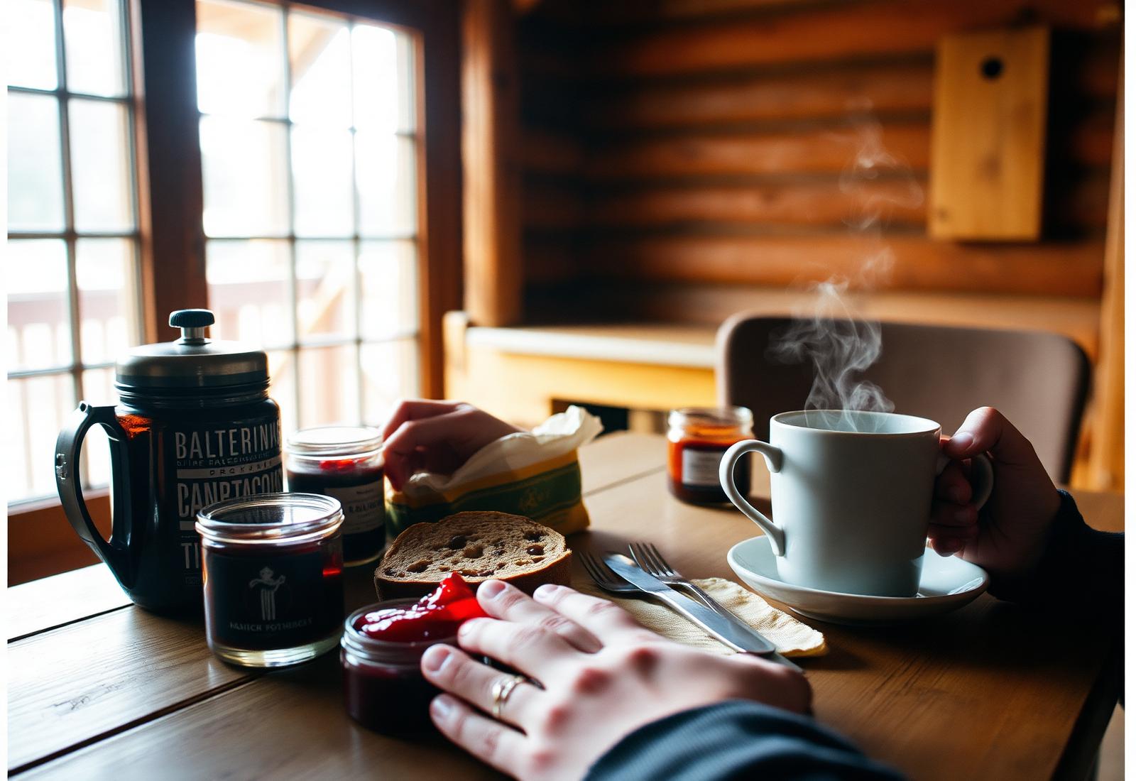 Petit déjeuner de refuge, café fumant et pain frais