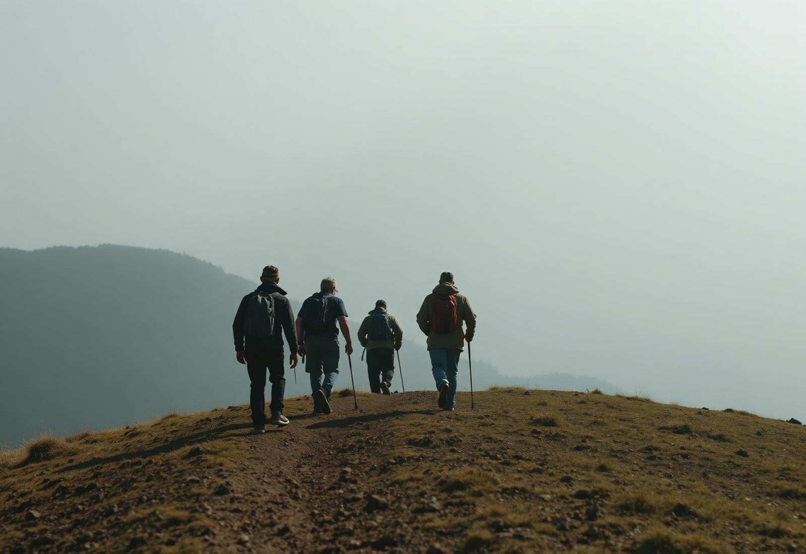 Groupe de marcheurs sur un sentier de montagne au matin