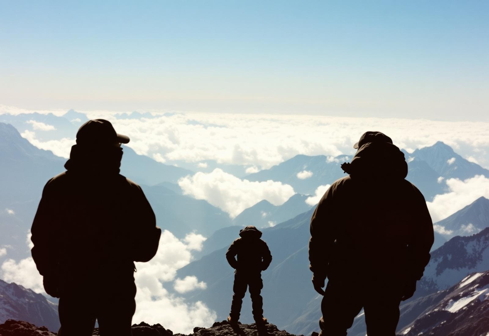 Silhouettes face à un panorama de sommets au-dessus des nuages