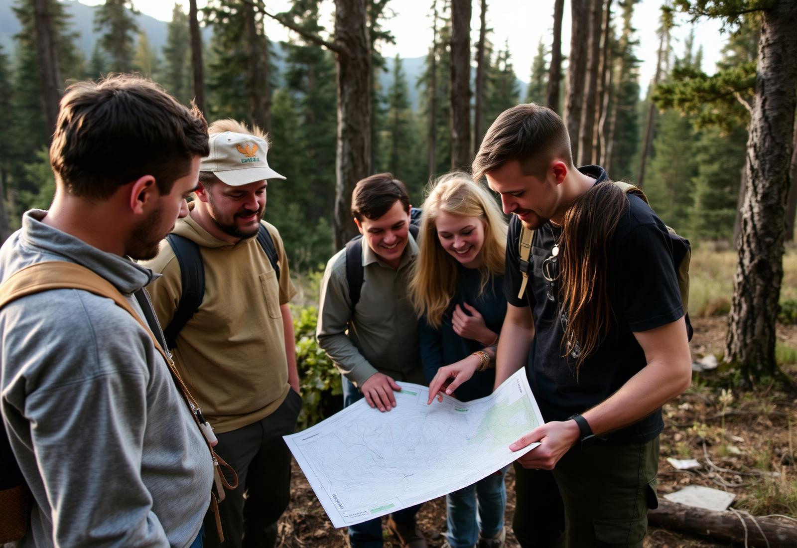 Équipe étudiant une carte en pleine forêt