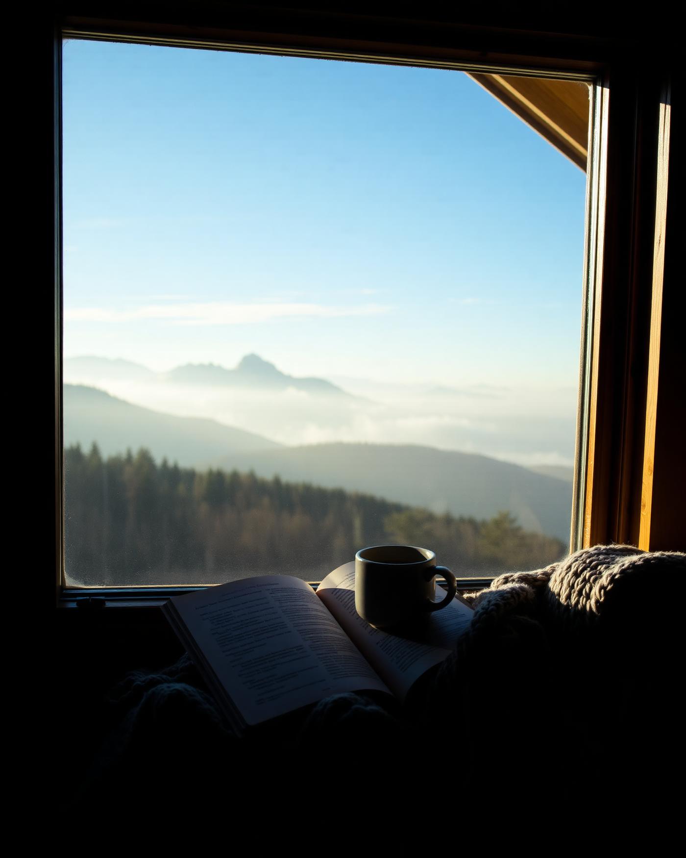 Fenêtre de chalet avec tasse et livre, vue sur la montagne