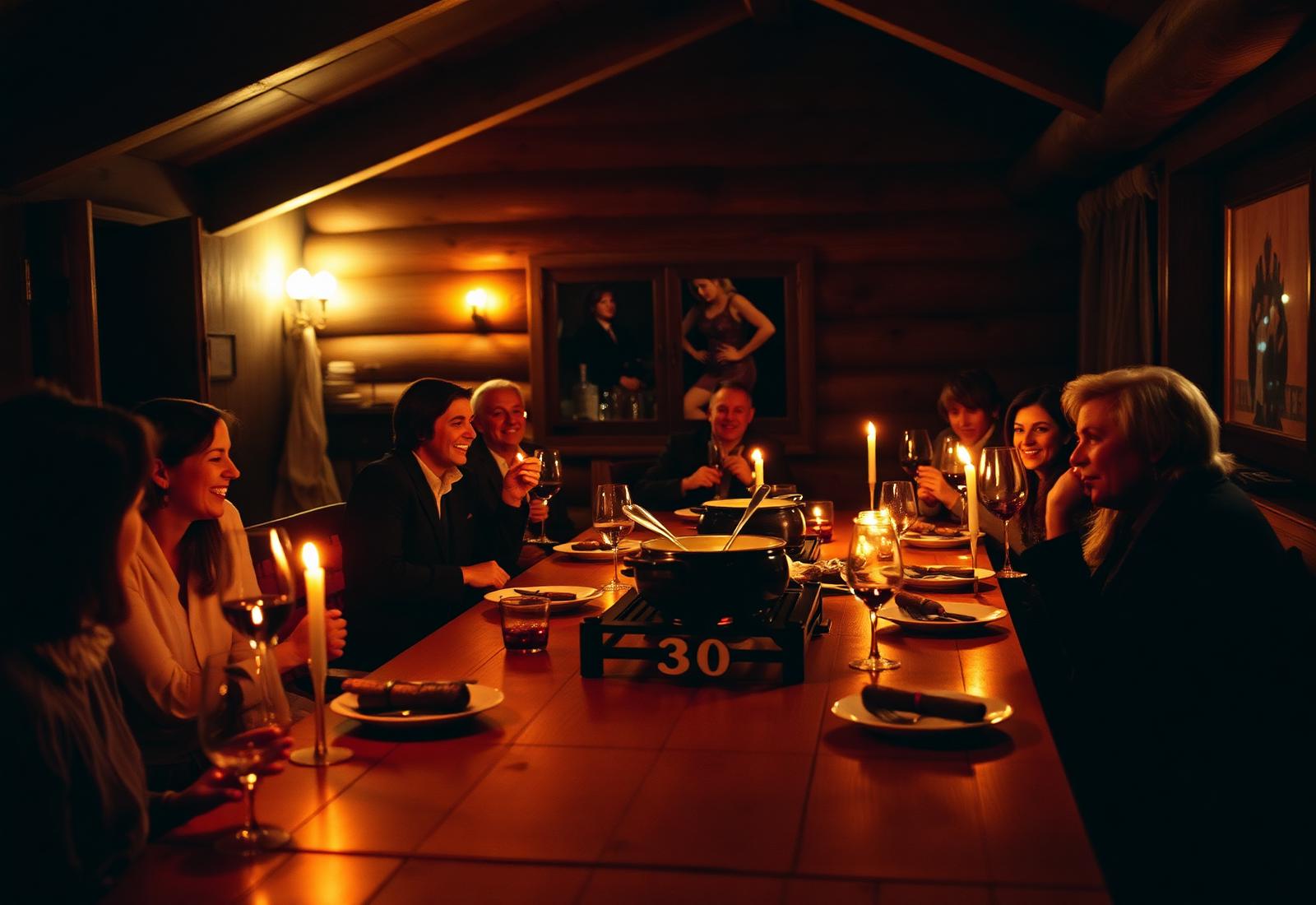 Grande tablée dans un chalet, ambiance chaleureuse aux bougies