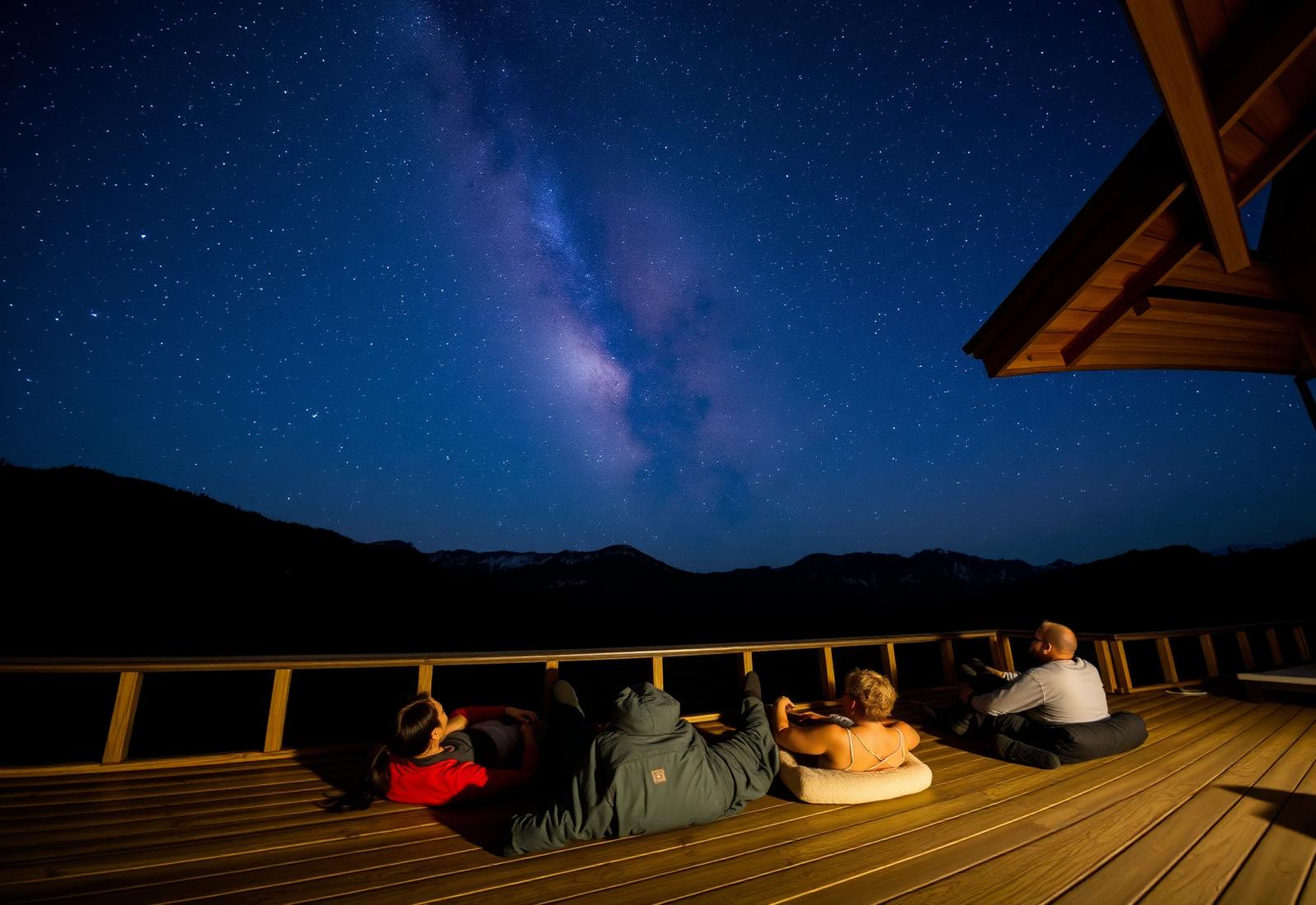 Groupe allongé sur une terrasse sous la voie lactée