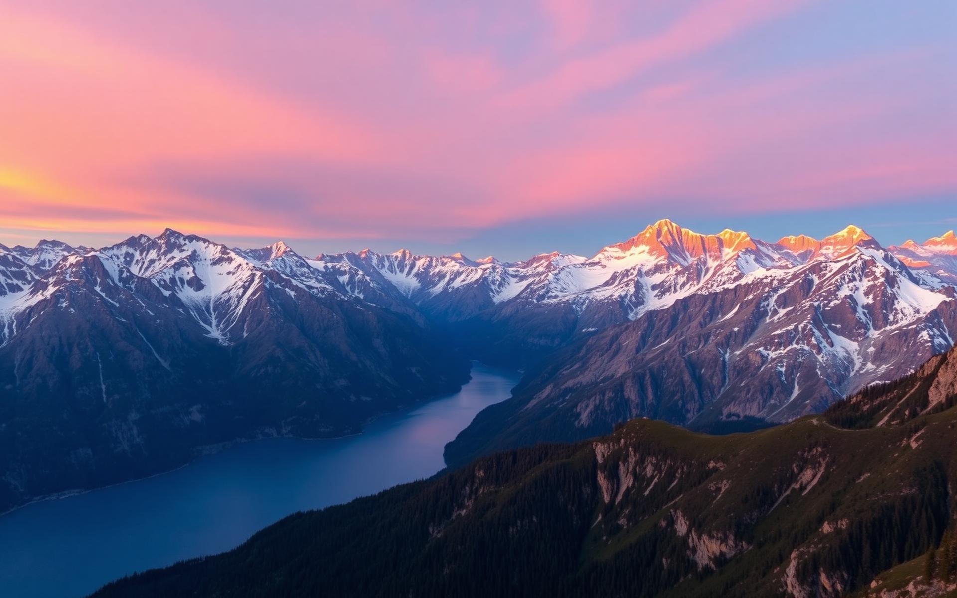 Sommets alpins embrasés au coucher du soleil